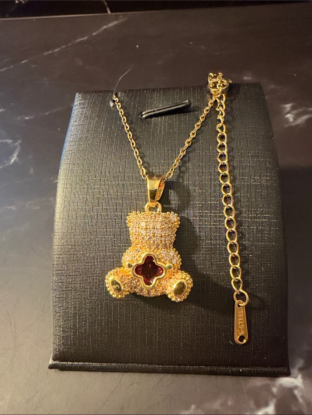 Gold Plated On Stainless Steel Teddy Pendant Necklace with Red Accent